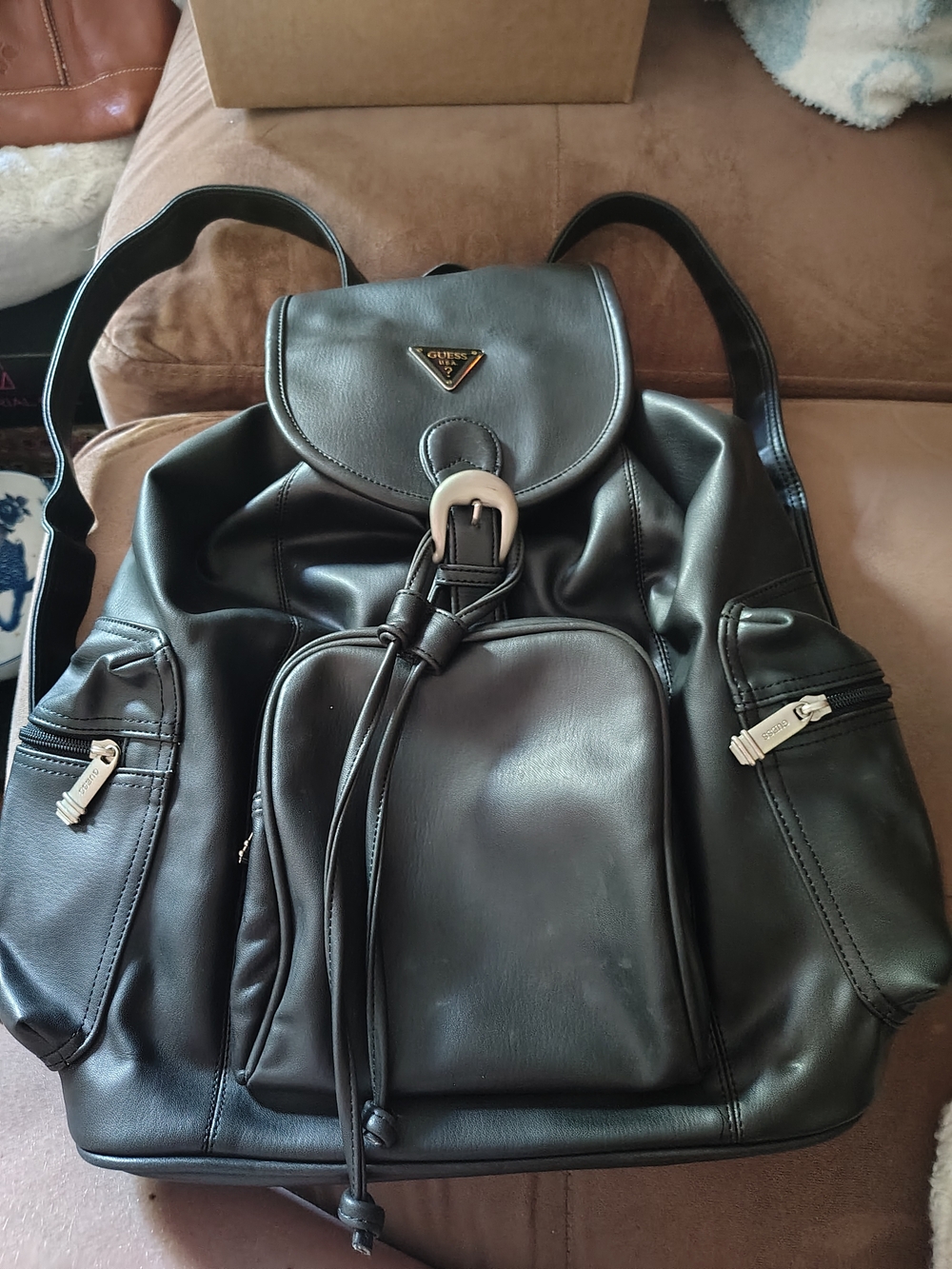 GUESS Vintage Black Leather Drawstring Backpack
